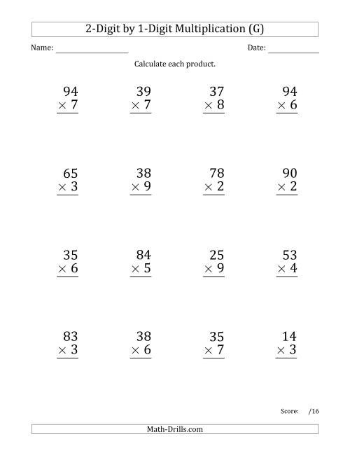 The Multiplying 2-Digit by 1-Digit Numbers (Large Print) (G) Math Worksheet