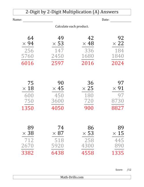 The Multiplying 2-Digit by 2-Digit Numbers (Large Print) (A) Math Worksheet Page 2