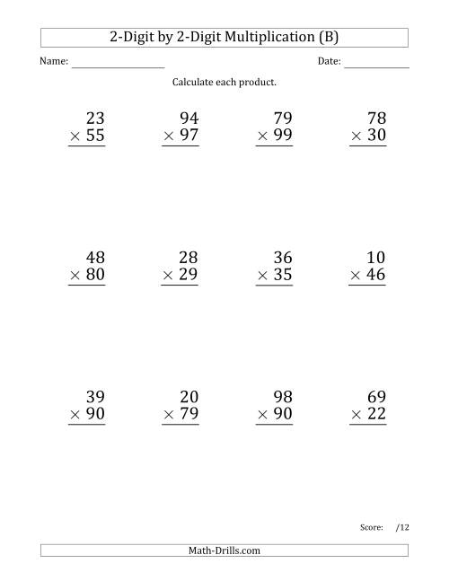 The Multiplying 2-Digit by 2-Digit Numbers (Large Print) (B) Math Worksheet