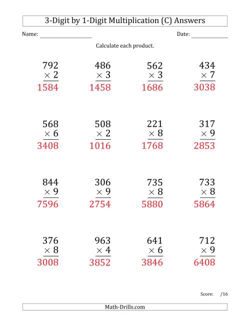 multiplying 3 digit by 1 digit numbers large print c