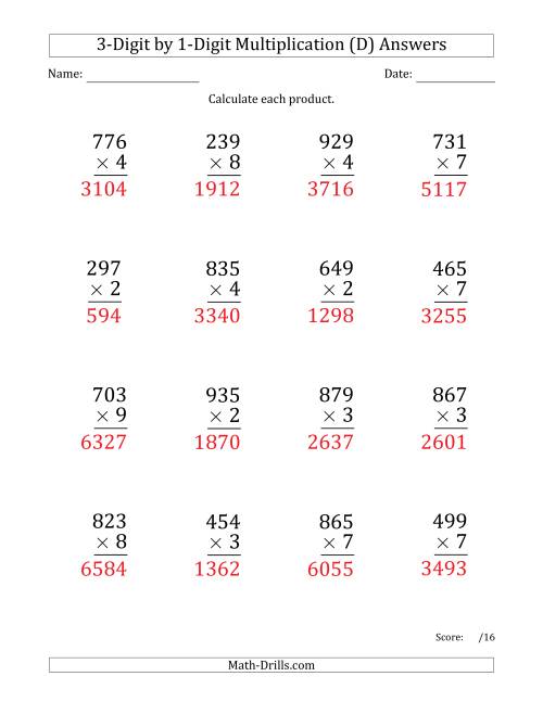 The Multiplying 3-Digit by 1-Digit Numbers (Large Print) (D) Math Worksheet Page 2