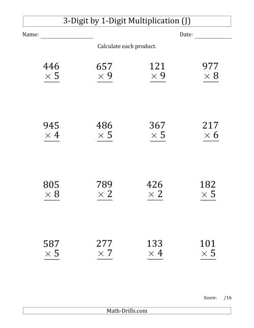 The Multiplying 3-Digit by 1-Digit Numbers (Large Print) (J) Math Worksheet