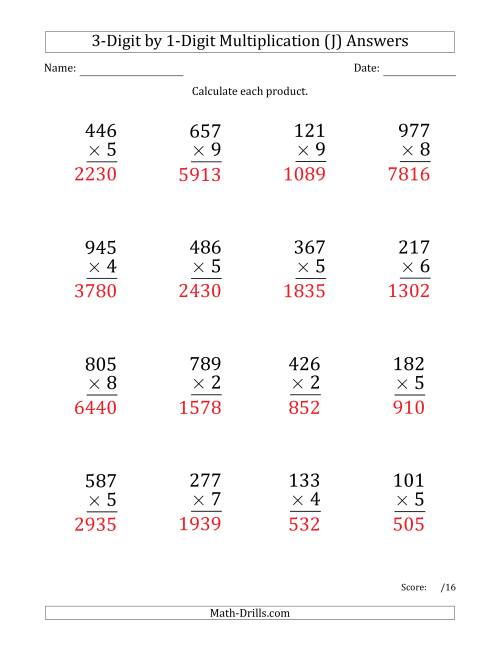 multiplying 3 digit by 1 digit numbers large print j