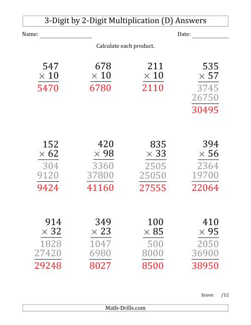 Multiplying 3-Digit by 2-Digit Numbers (Large Print) (D)