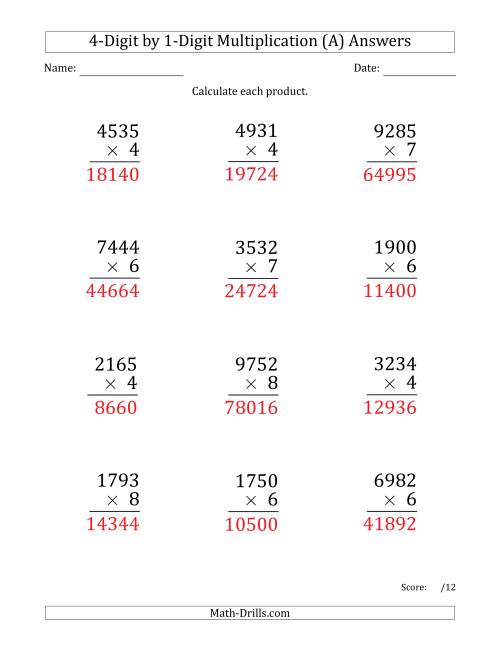 The Multiplying 4-Digit by 1-Digit Numbers (Large Print) (A) Math Worksheet Page 2