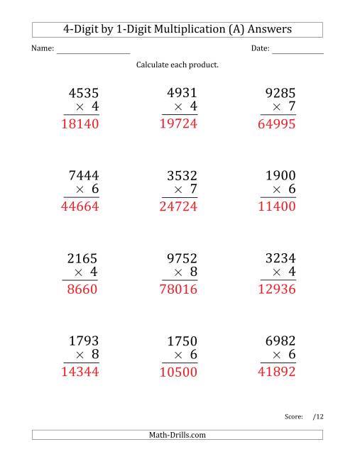 multiplying 4 digit by 1 digit numbers large print a