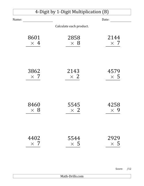 The Multiplying 4-Digit by 1-Digit Numbers (Large Print) (B) Math Worksheet