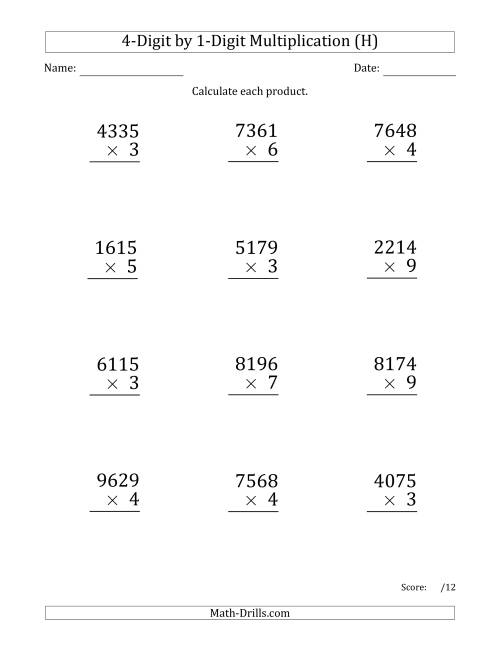 Multiplying 4-Digit by 1-Digit Numbers (Large Print) (H)