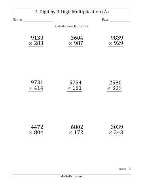 The Multiplying 4-Digit by 3-Digit Numbers (Large Print) (A) Math Worksheet