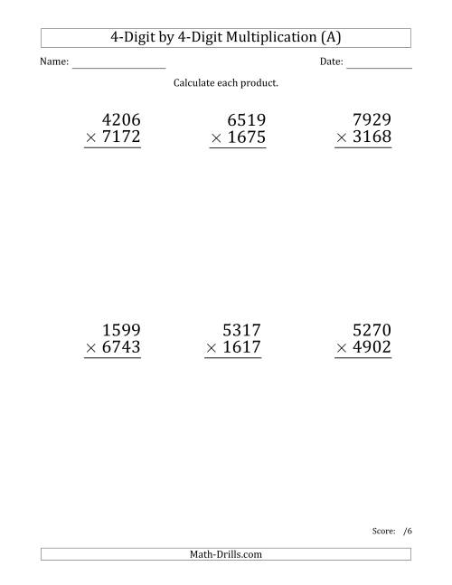 The Multiplying 4-Digit by 4-Digit Numbers (Large Print) (A) Math Worksheet