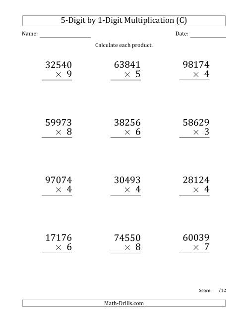 The Multiplying 5-Digit by 1-Digit Numbers (Large Print) (C) Math Worksheet