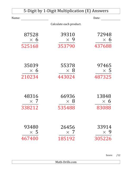 The Multiplying 5-Digit by 1-Digit Numbers (Large Print) (E) Math Worksheet Page 2