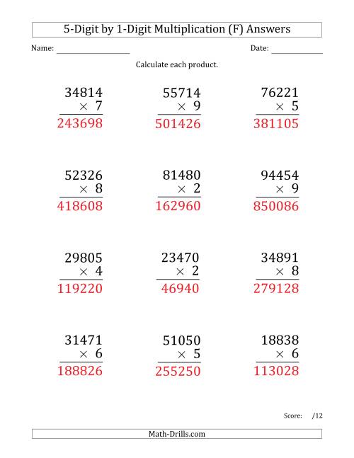 The Multiplying 5-Digit by 1-Digit Numbers (Large Print) (F) Math Worksheet Page 2