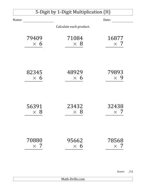 The Multiplying 5-Digit by 1-Digit Numbers (Large Print) (H) Math Worksheet