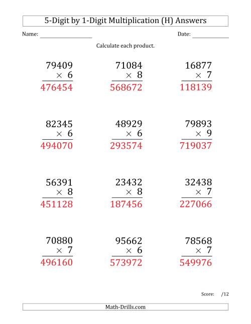 The Multiplying 5-Digit by 1-Digit Numbers (Large Print) (H) Math Worksheet Page 2
