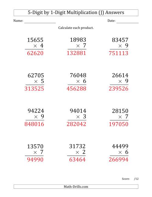 The Multiplying 5-Digit by 1-Digit Numbers (Large Print) (J) Math Worksheet Page 2