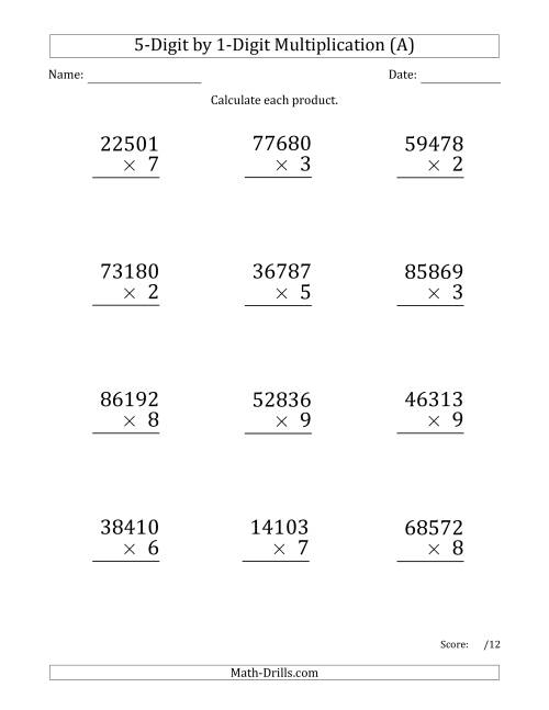The Multiplying 5-Digit by 1-Digit Numbers (Large Print) (All) Math Worksheet