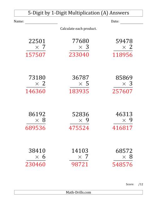 The Multiplying 5-Digit by 1-Digit Numbers (Large Print) (All) Math Worksheet Page 2