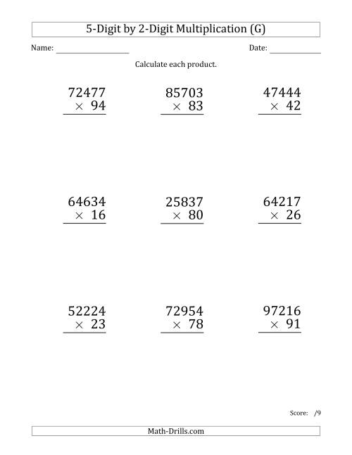 The Multiplying 5-Digit by 2-Digit Numbers (Large Print) (G) Math Worksheet