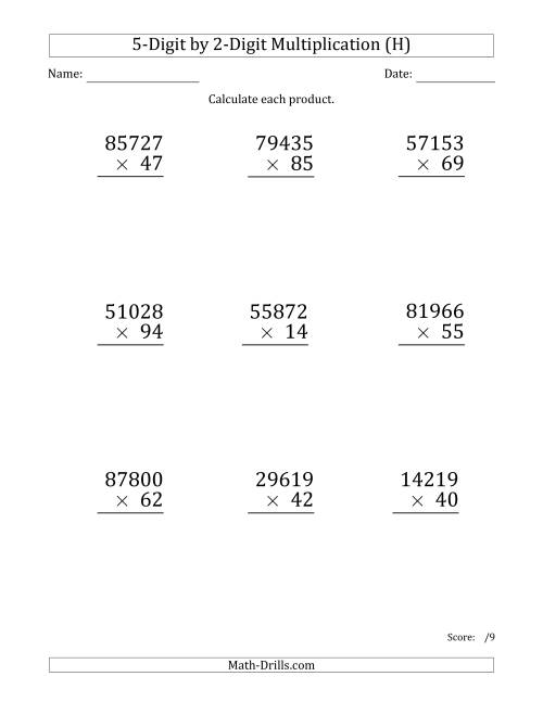 The Multiplying 5-Digit by 2-Digit Numbers (Large Print) (H) Math Worksheet