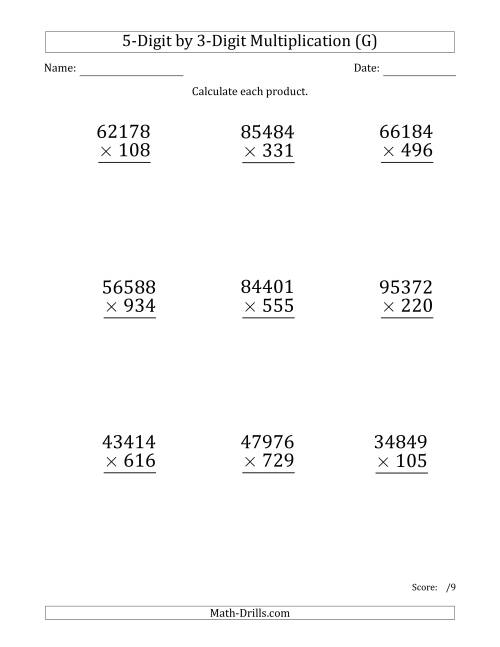 The Multiplying 5-Digit by 3-Digit Numbers (Large Print) (G) Math Worksheet