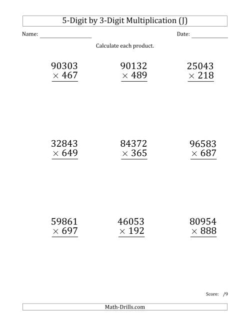 The Multiplying 5-Digit by 3-Digit Numbers (Large Print) (J) Math Worksheet