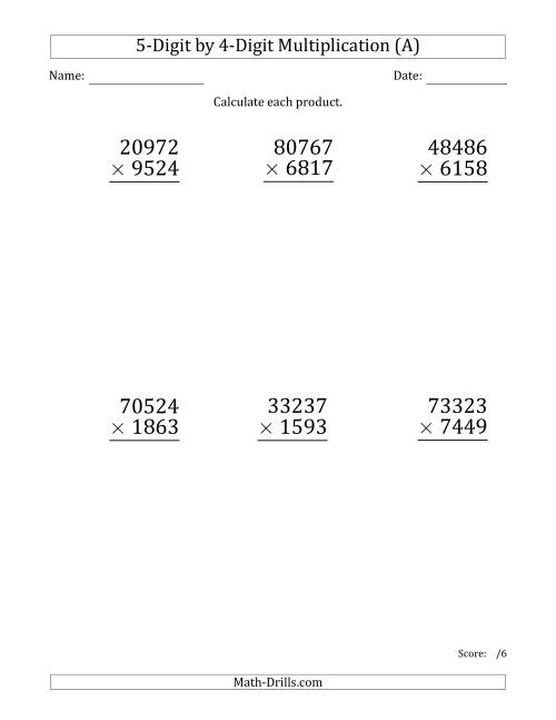 The Multiplying 5-Digit by 4-Digit Numbers (Large Print) (A) Math Worksheet