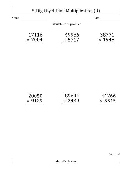 The Multiplying 5-Digit by 4-Digit Numbers (Large Print) (D) Math Worksheet