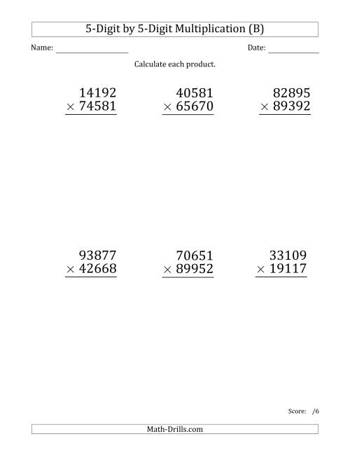 The Multiplying 5-Digit by 5-Digit Numbers (Large Print) (B) Math Worksheet