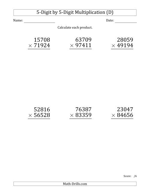 The Multiplying 5-Digit by 5-Digit Numbers (Large Print) (D) Math Worksheet