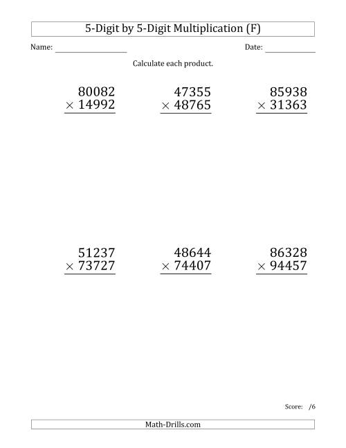 The Multiplying 5-Digit by 5-Digit Numbers (Large Print) (F) Math Worksheet