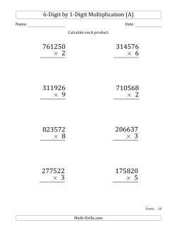 Multiplying 6-Digit by 1-Digit Numbers (Large Print)