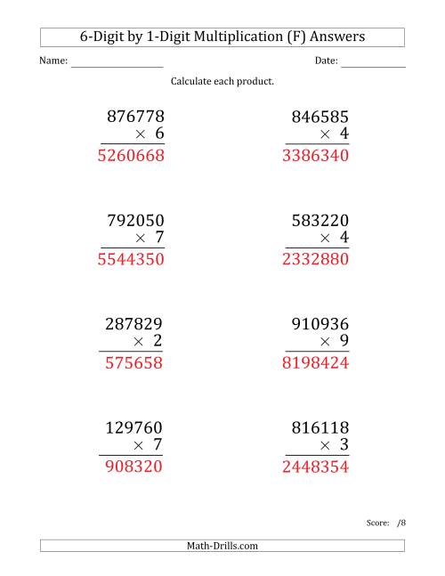The Multiplying 6-Digit by 1-Digit Numbers (Large Print) (F) Math Worksheet Page 2