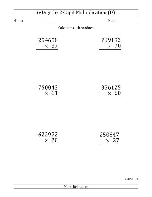 The Multiplying 6-Digit by 2-Digit Numbers (Large Print) (D) Math Worksheet