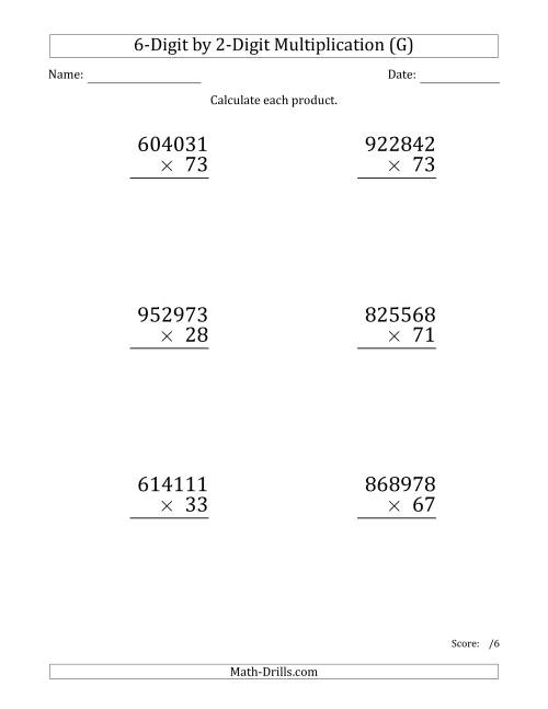 The Multiplying 6-Digit by 2-Digit Numbers (Large Print) (G) Math Worksheet