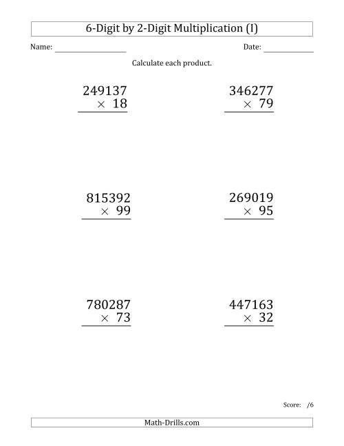 The Multiplying 6-Digit by 2-Digit Numbers (Large Print) (I) Math Worksheet