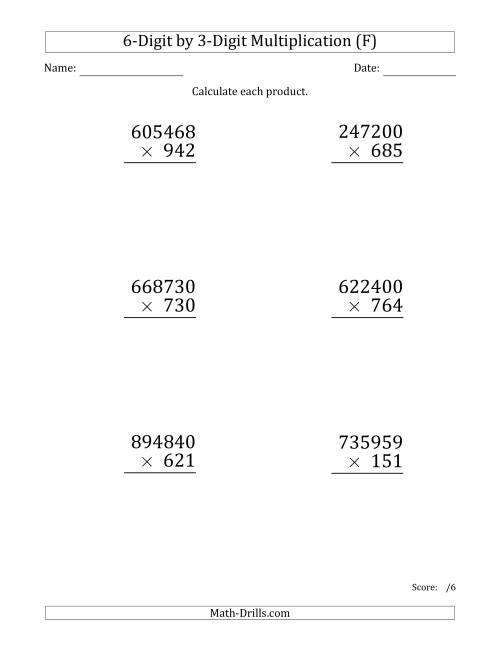 The Multiplying 6-Digit by 3-Digit Numbers (Large Print) (F) Math Worksheet