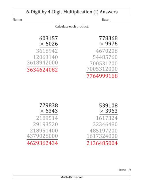The Multiplying 6-Digit by 4-Digit Numbers (Large Print) (I) Math Worksheet Page 2