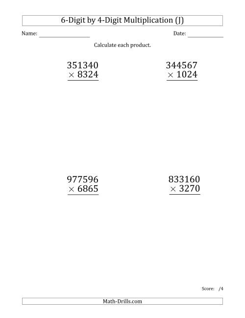 The Multiplying 6-Digit by 4-Digit Numbers (Large Print) (J) Math Worksheet