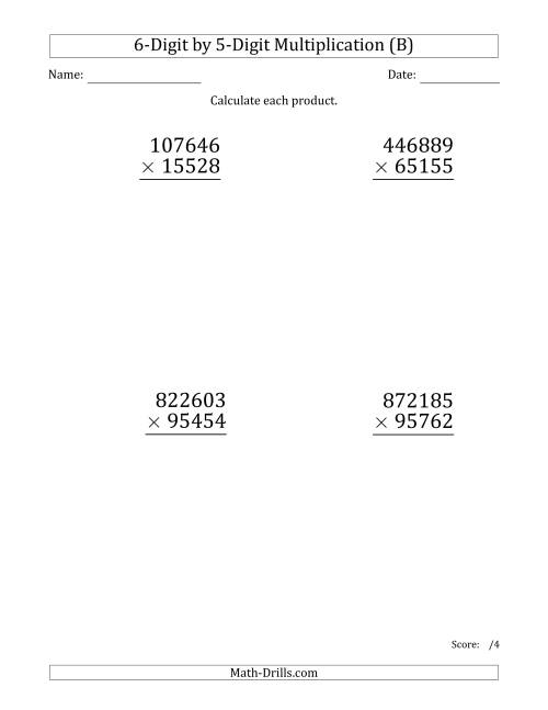 The Multiplying 6-Digit by 5-Digit Numbers (Large Print) (B) Math Worksheet