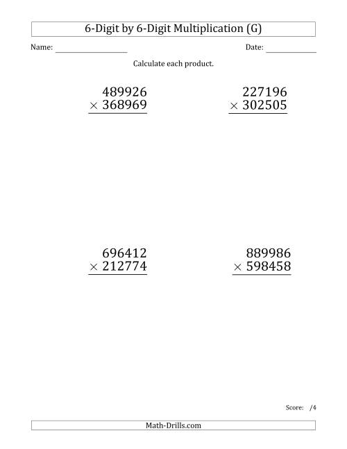 The Multiplying 6-Digit by 6-Digit Numbers (Large Print) (G) Math Worksheet