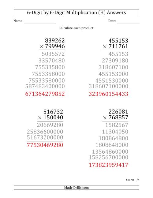 The Multiplying 6-Digit by 6-Digit Numbers (Large Print) (H) Math Worksheet Page 2