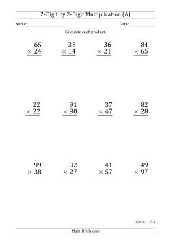 Multiplying 2-Digit by 2-Digit Numbers (Large Print) with Period-Separated Thousands