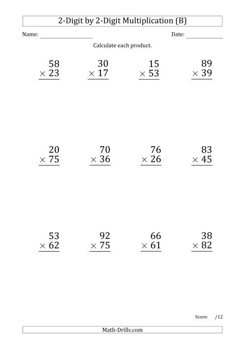 The Multiplying 2-Digit by 2-Digit Numbers (Large Print) with Period-Separated Thousands (B) Math Worksheet