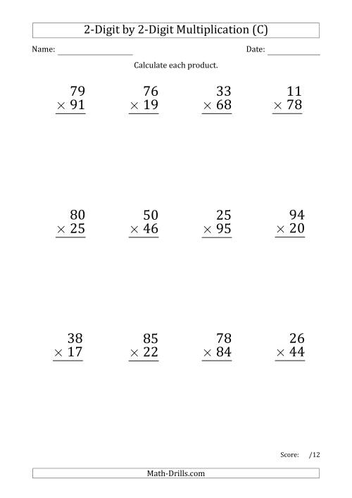 The Multiplying 2-Digit by 2-Digit Numbers (Large Print) with Period-Separated Thousands (C) Math Worksheet