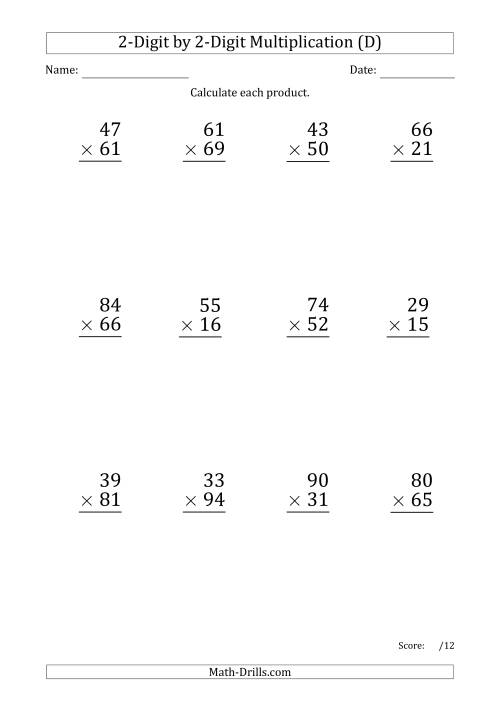 The Multiplying 2-Digit by 2-Digit Numbers (Large Print) with Period-Separated Thousands (D) Math Worksheet
