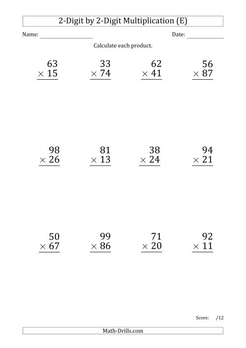 The Multiplying 2-Digit by 2-Digit Numbers (Large Print) with Period-Separated Thousands (E) Math Worksheet