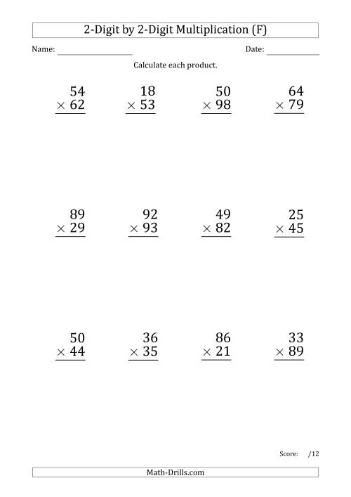 The Multiplying 2-Digit by 2-Digit Numbers (Large Print) with Period-Separated Thousands (F) Math Worksheet