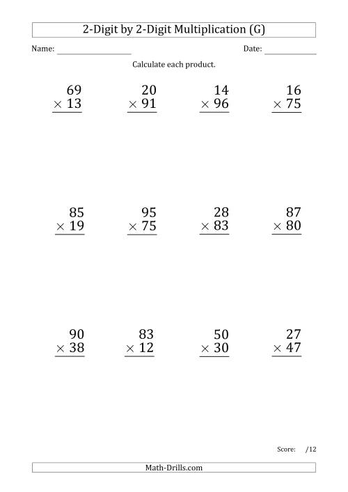 The Multiplying 2-Digit by 2-Digit Numbers (Large Print) with Period-Separated Thousands (G) Math Worksheet