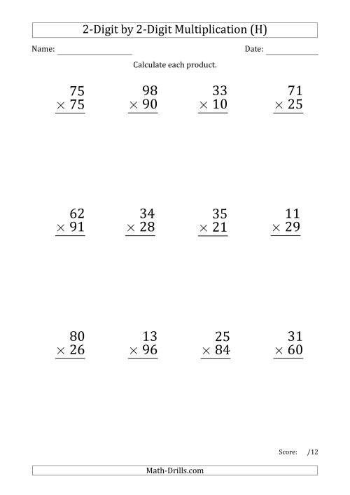 The Multiplying 2-Digit by 2-Digit Numbers (Large Print) with Period-Separated Thousands (H) Math Worksheet